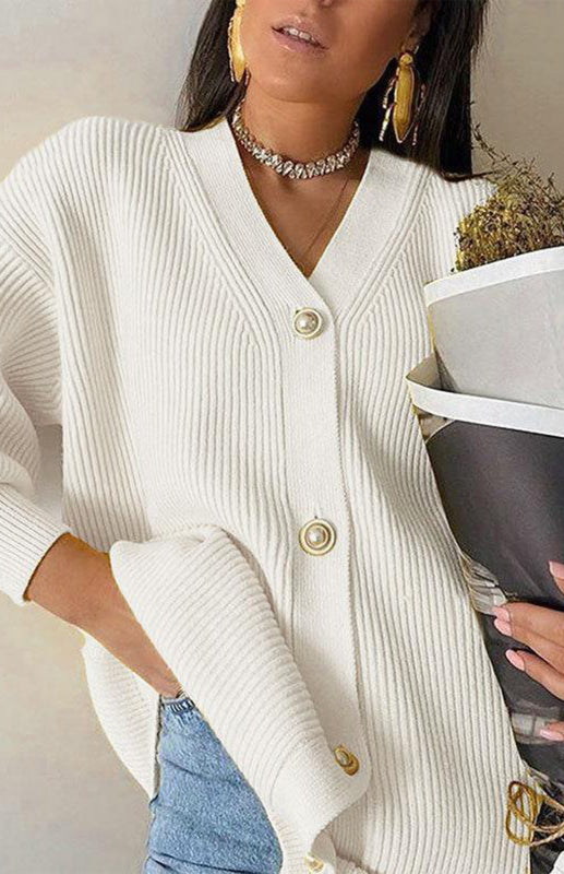 Candy Color Loose Knit V-Neck Cardigan Raw white off white One size