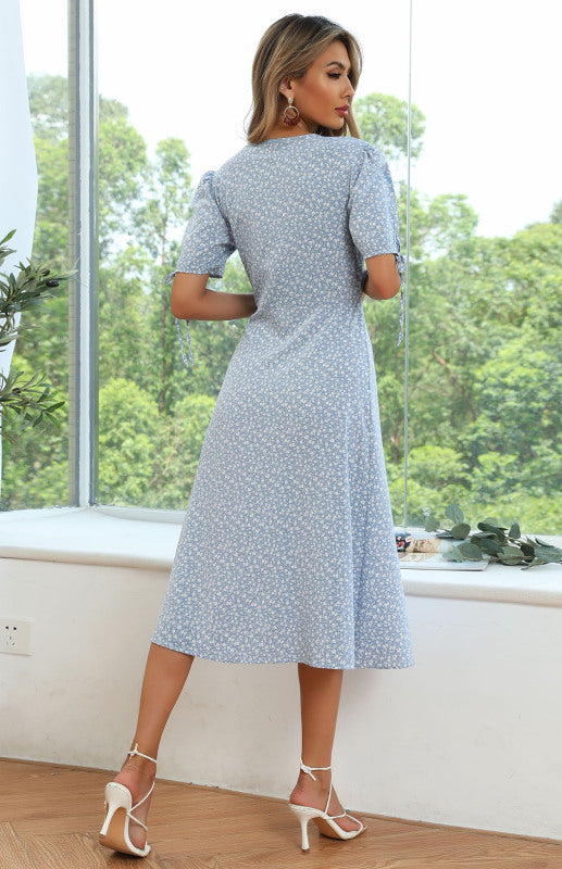 Damen-Midikleid mit Puffärmeln, Blumenmuster, Schnürung in der Taille und Schlitz mit Knöpfen
