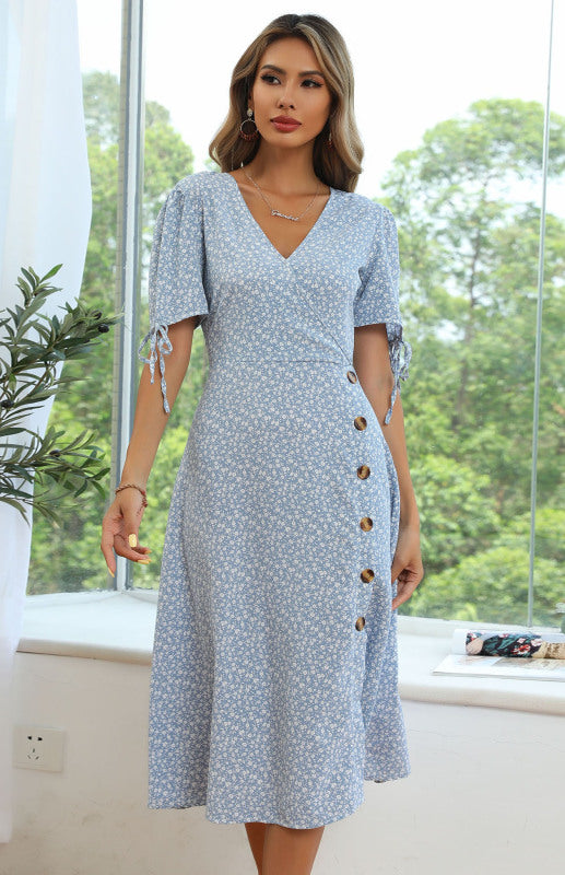 Damen-Midikleid mit Puffärmeln, Blumenmuster, Schnürung in der Taille und Schlitz mit Knöpfen