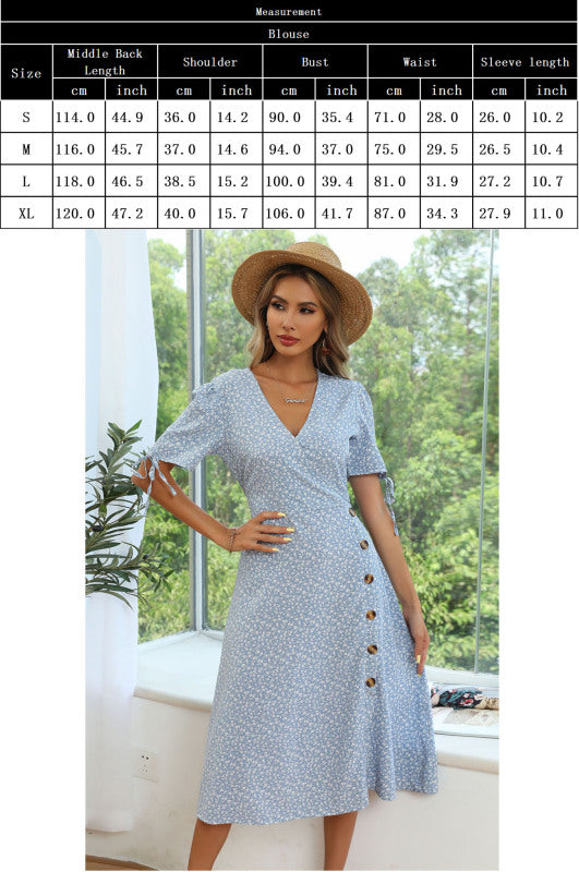 Damen-Midikleid mit Puffärmeln, Blumenmuster, Schnürung in der Taille und Schlitz mit Knöpfen