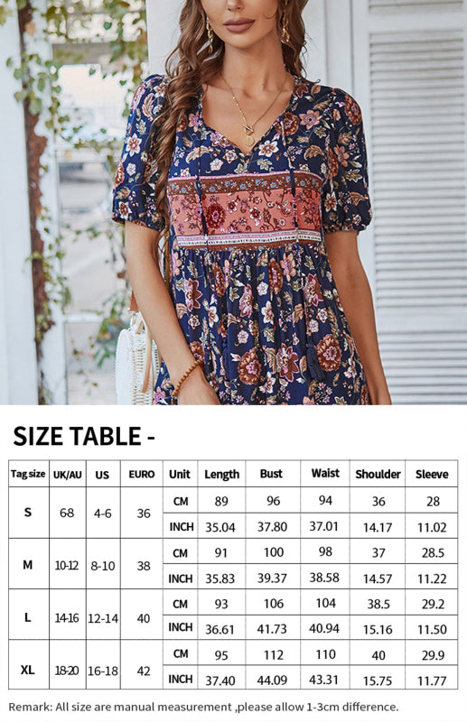 Floral Bohemian V-Neck Dress – Puff Sleeves, Short Sleeve, Spring-Summer Casual