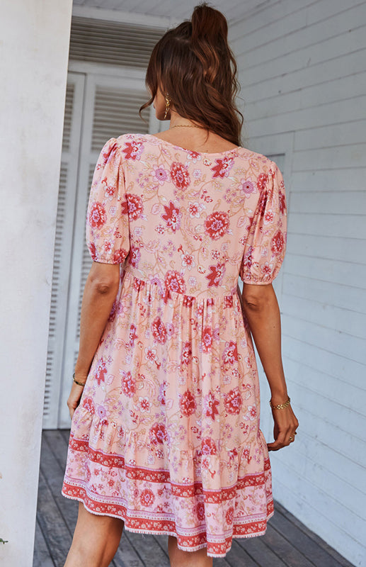 Floral Bohemian V-Neck Dress – Puff Sleeves, Short Sleeve, Spring-Summer Casual