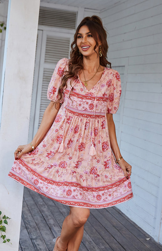 Floral Bohemian V-Neck Dress – Puff Sleeves, Short Sleeve, Spring-Summer Casual