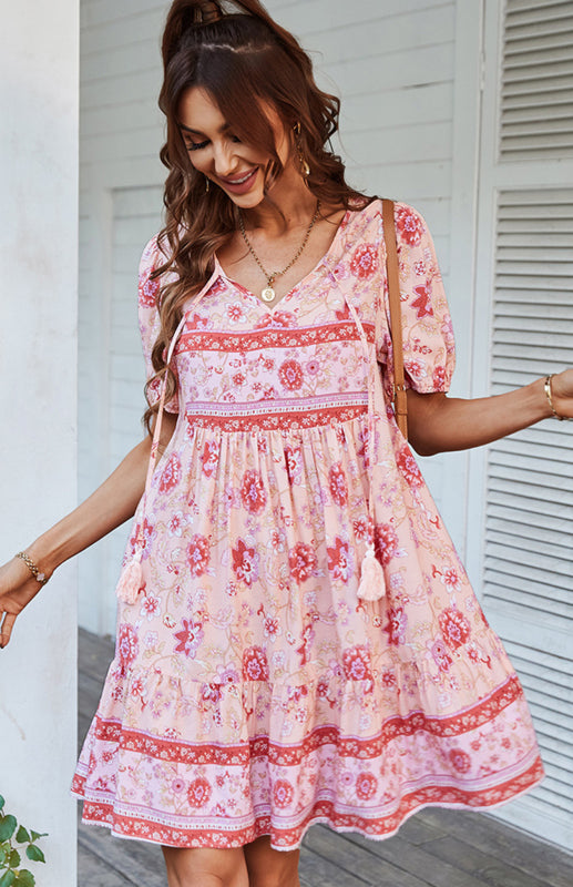 Floral Bohemian V-Neck Dress – Puff Sleeves, Short Sleeve, Spring-Summer Casual