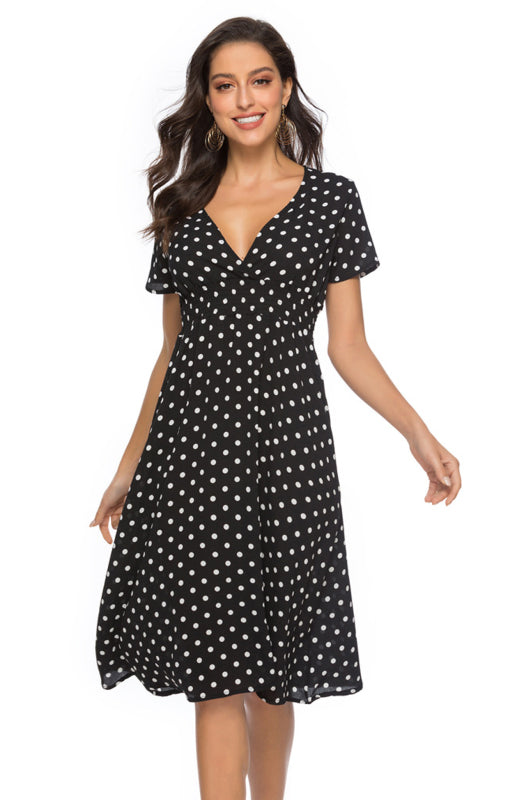 Retro Polka Dot V-Neck Short Sleeve Midi Dress – Spring Summer Classic