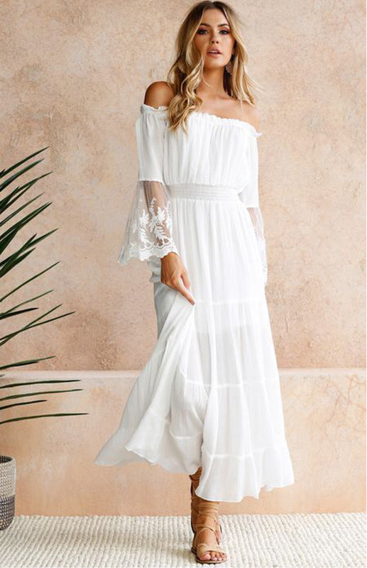 One-Shoulder Lace Dress with Flared Sleeves – Cotton Blend, Spring Resort Style