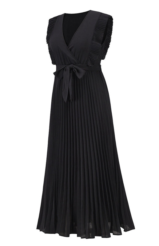 Retro Chiffon Dress with Lotus Leaf Sleeves – V-Neck & Pleated Skirt