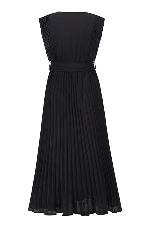 Retro Chiffon Dress with Lotus Leaf Sleeves – V-Neck & Pleated Skirt