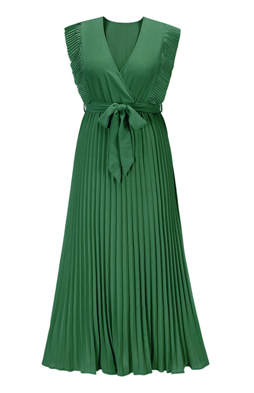 Retro Chiffon Dress with Lotus Leaf Sleeves – V-Neck & Pleated Skirt