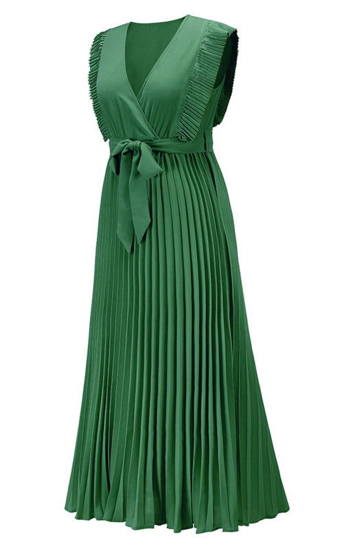 Retro Chiffon Dress with Lotus Leaf Sleeves – V-Neck & Pleated Skirt