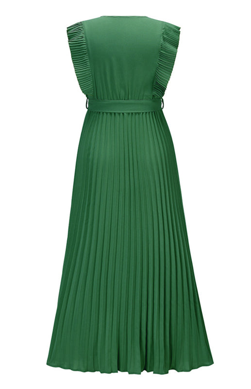 Retro Chiffon Dress with Lotus Leaf Sleeves – V-Neck & Pleated Skirt
