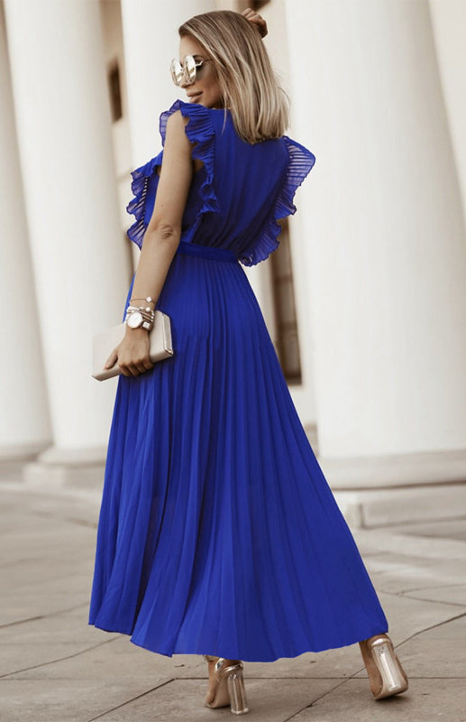 Retro Chiffon Dress with Lotus Leaf Sleeves – V-Neck & Pleated Skirt