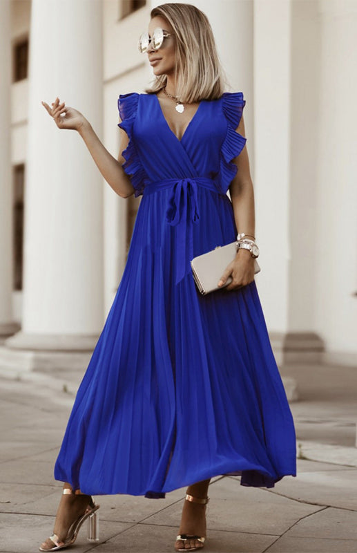 Retro Chiffon Dress with Lotus Leaf Sleeves – V-Neck & Pleated Skirt
