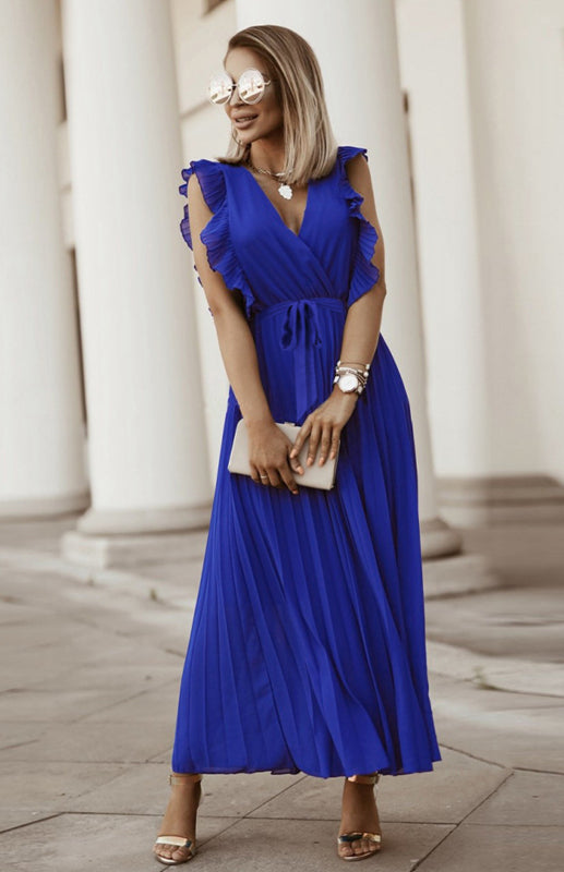 Retro Chiffon Dress with Lotus Leaf Sleeves – V-Neck & Pleated Skirt