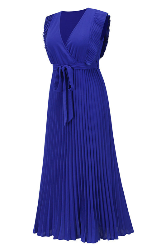 Retro Chiffon Dress with Lotus Leaf Sleeves – V-Neck & Pleated Skirt
