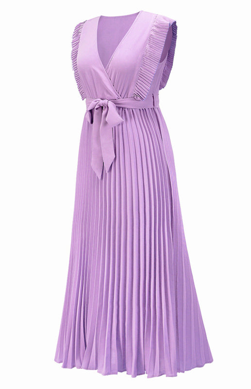 Retro Chiffon Dress with Lotus Leaf Sleeves – V-Neck & Pleated Skirt