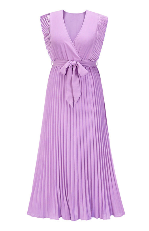 Retro Chiffon Dress with Lotus Leaf Sleeves – V-Neck & Pleated Skirt