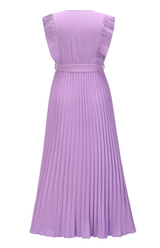 Retro Chiffon Dress with Lotus Leaf Sleeves – V-Neck & Pleated Skirt