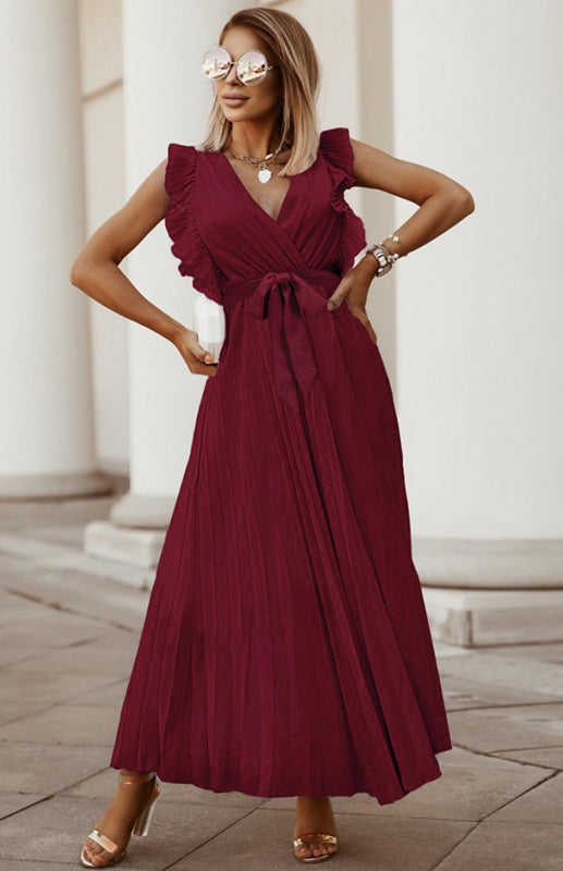 Retro Chiffon Dress with Lotus Leaf Sleeves – V-Neck & Pleated Skirt