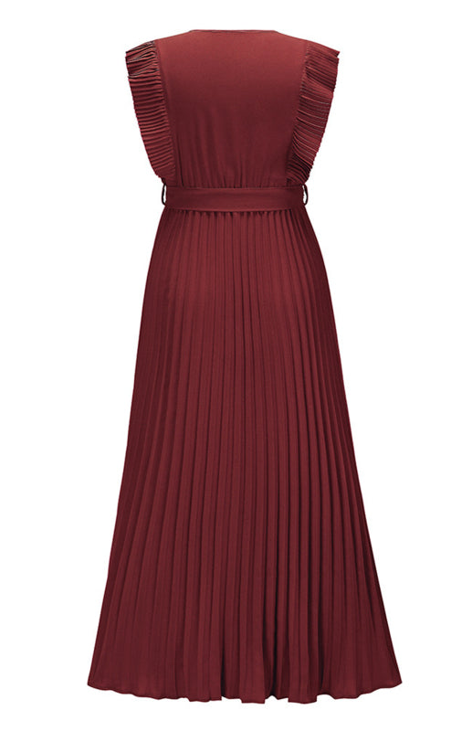 Retro Chiffon Dress with Lotus Leaf Sleeves – V-Neck & Pleated Skirt