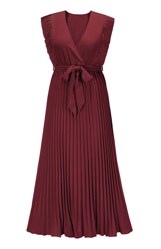Retro Chiffon Dress with Lotus Leaf Sleeves – V-Neck & Pleated Skirt