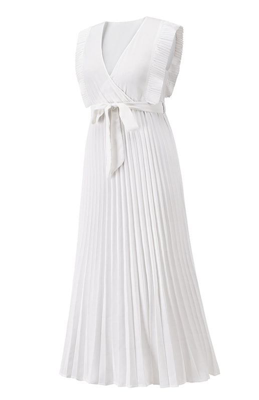 Retro Chiffon Dress with Lotus Leaf Sleeves – V-Neck & Pleated Skirt