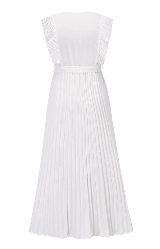 Retro Chiffon Dress with Lotus Leaf Sleeves – V-Neck & Pleated Skirt