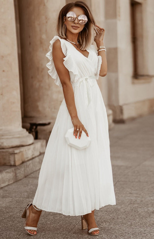 Retro Chiffon Dress with Lotus Leaf Sleeves – V-Neck & Pleated Skirt