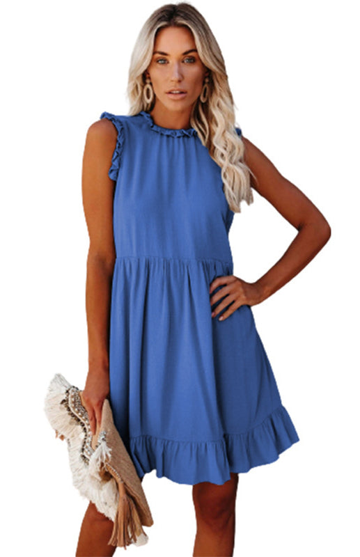 Ruffled Waist Linen-Cotton Midi Dress – Royal Blue, Flowy Fit for Spring-Summer