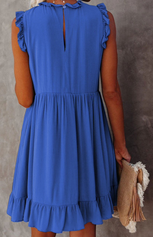 Ruffled Waist Linen-Cotton Midi Dress – Royal Blue, Flowy Fit for Spring-Summer
