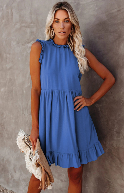 Ruffled Waist Linen-Cotton Midi Dress – Royal Blue, Flowy Fit for Spring-Summer