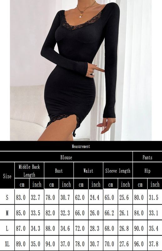 Lace Trim Long Sleeve Bodycon Dress – Cotton Blend, U-Neck, Casual Fit