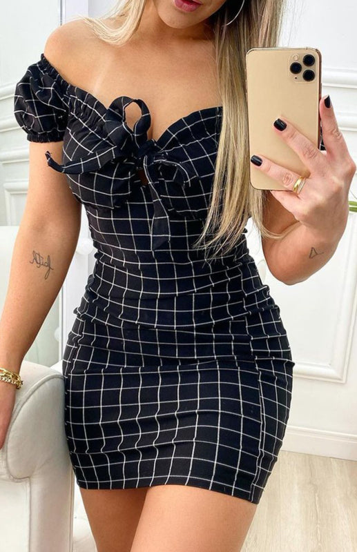 Black Off-Shoulder Grid Print Bodycon Dress – Short Sleeve, Knit Fit