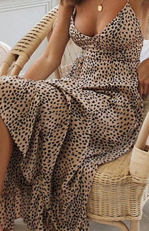 Leopard V-Neck Halter Swing Dress – Sleeveless, High-Waist, Tie-Up Back