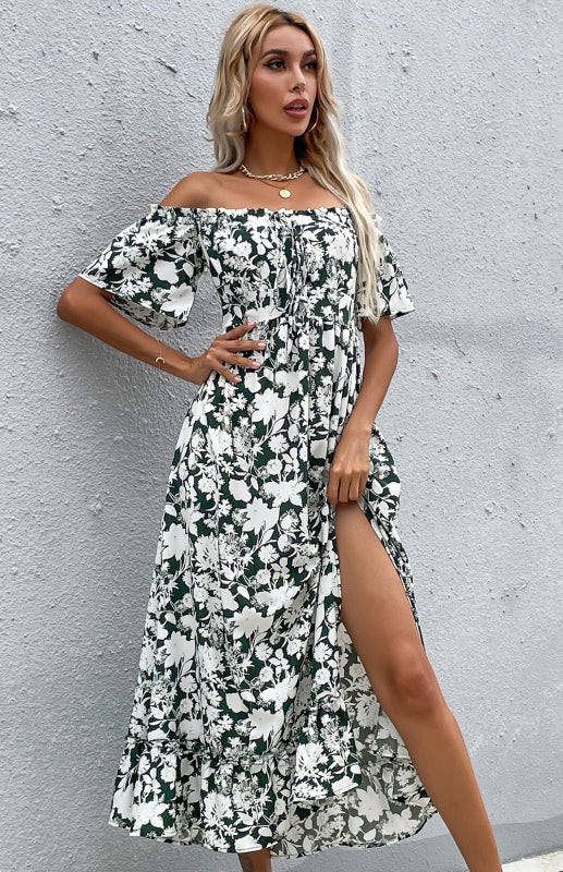 Floral One-Shoulder Midi Dress – Lightweight Boho Style with High Waist