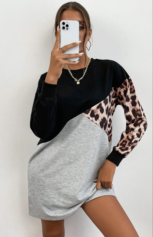 Leopard Patchwork Sweater Dress – Crew Neck, Long Sleeve Casual Midi