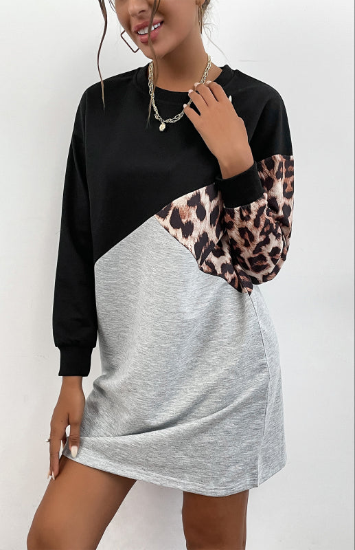 Leopard Patchwork Sweater Dress – Crew Neck, Long Sleeve Casual Midi