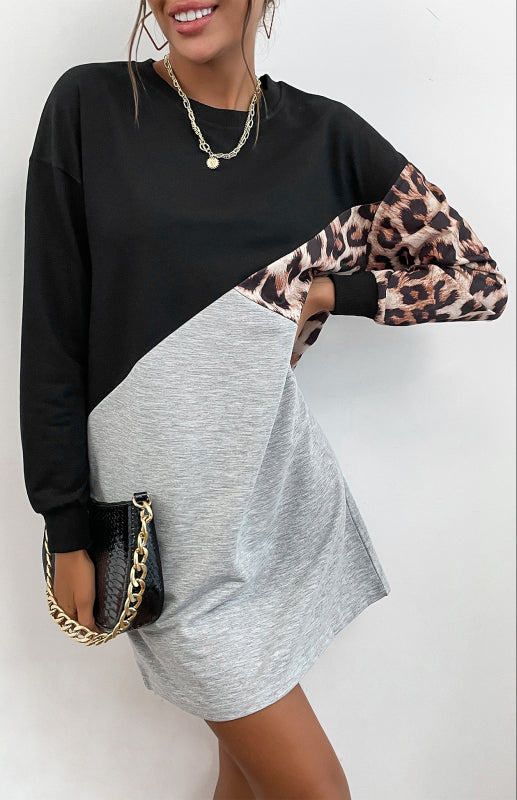 Leopard Patchwork Sweater Dress – Crew Neck, Long Sleeve Casual Midi