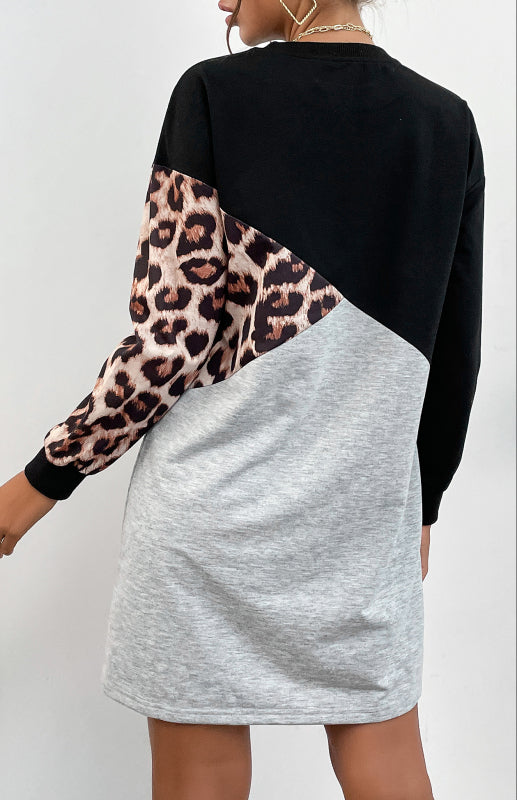 Leopard Patchwork Sweater Dress – Crew Neck, Long Sleeve Casual Midi