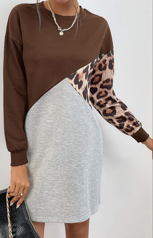 Leopard Patchwork Sweater Dress – Crew Neck, Long Sleeve Casual Midi