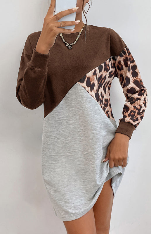 Leopard Patchwork Sweater Dress – Crew Neck, Long Sleeve Casual Midi
