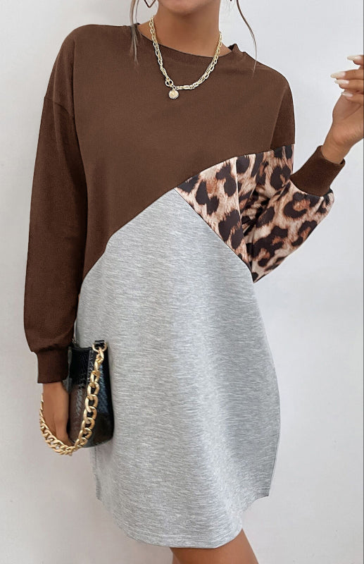 Leopard Patchwork Sweater Dress – Crew Neck, Long Sleeve Casual Midi