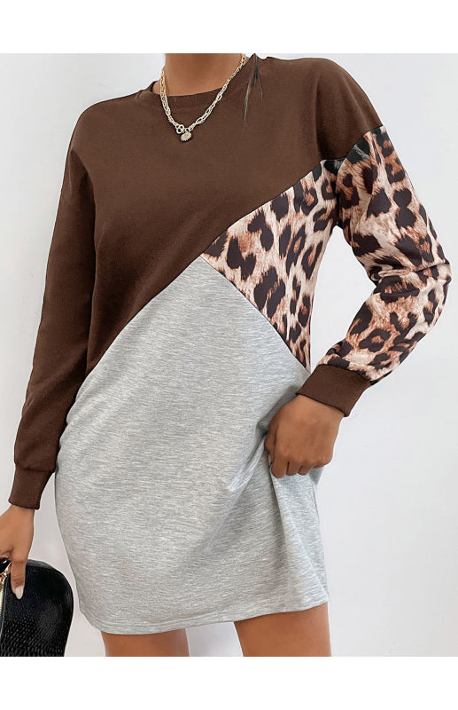 Leopard Patchwork Sweater Dress – Crew Neck, Long Sleeve Casual Midi