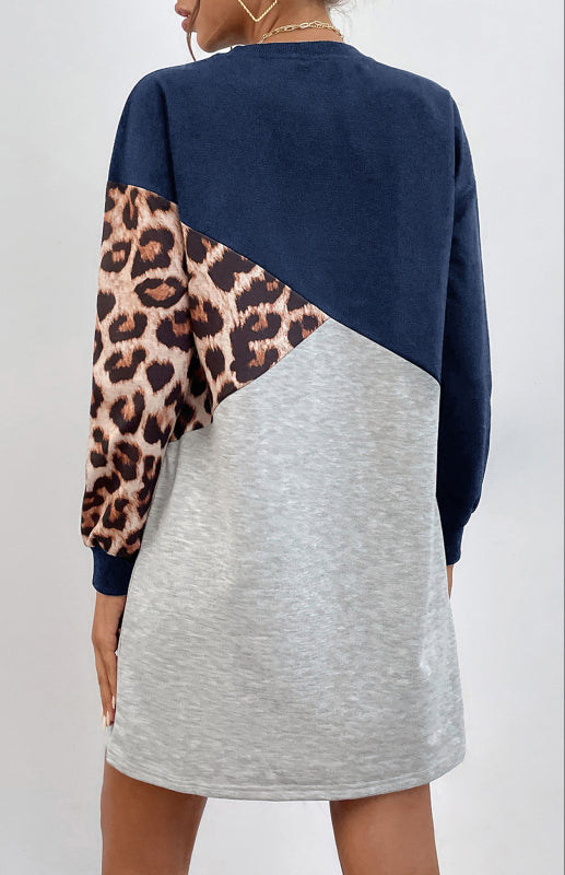 Leopard Patchwork Sweater Dress – Crew Neck, Long Sleeve Casual Midi