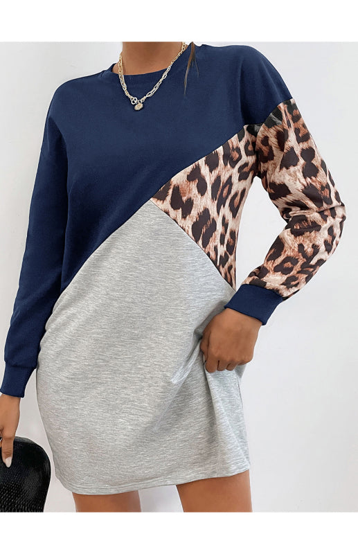 Leopard Patchwork Sweater Dress – Crew Neck, Long Sleeve Casual Midi