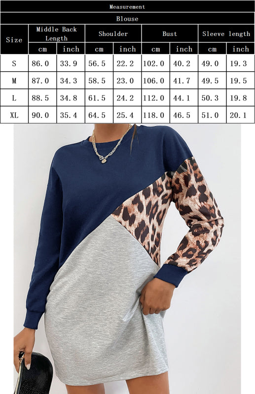 Leopard Patchwork Sweater Dress – Crew Neck, Long Sleeve Casual Midi