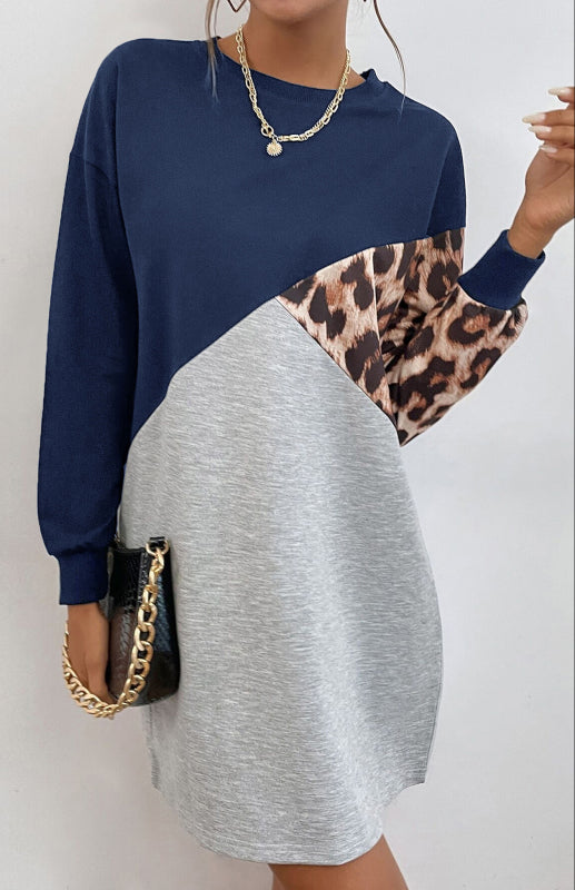 Leopard Patchwork Sweater Dress – Crew Neck, Long Sleeve Casual Midi