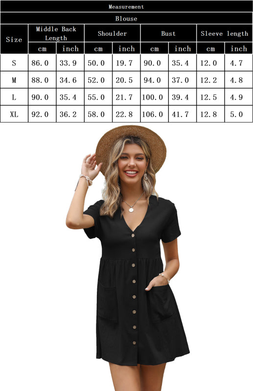 Solid V-Neck Shirt Dress – Short Sleeves & Welt Pockets, Spring-Summer Style