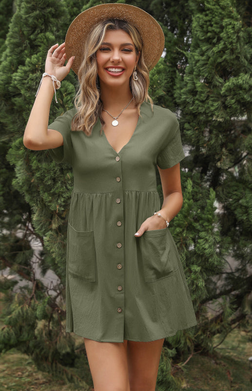 Solid V-Neck Shirt Dress – Short Sleeves & Welt Pockets, Spring-Summer Style