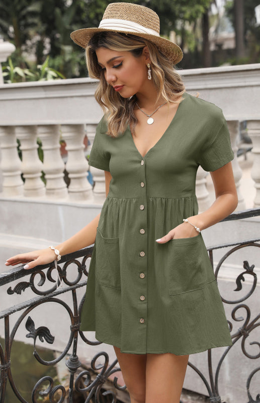 Solid V-Neck Shirt Dress – Short Sleeves & Welt Pockets, Spring-Summer Style